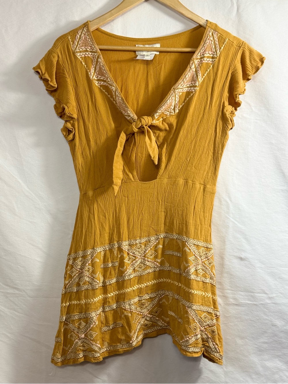 Rahi Cali Mustard-yellow Tie-front Embroidered Mini Dress